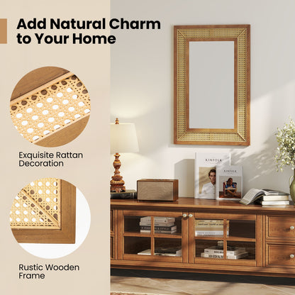 Rattan Decorative Wall Mirror with Wooden Frame for Bathroom and Living Room-Natural