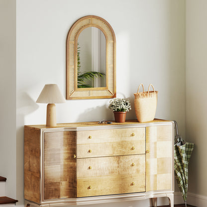 35.5 Inches x 23.5 Inches Rattan Wall Mounted Decorative Mirror with Wooden Frame-Natural
