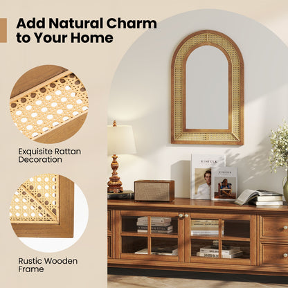 35.5 Inches x 23.5 Inches Rattan Wall Mounted Decorative Mirror with Wooden Frame-Natural