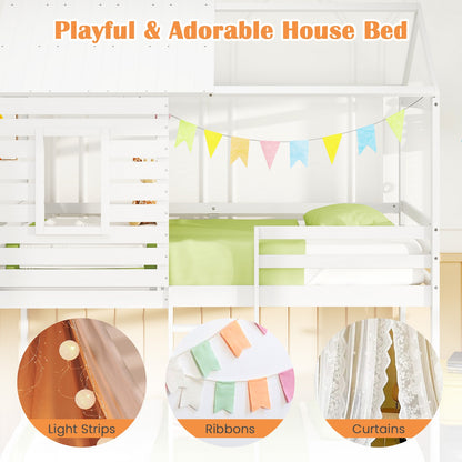 Twin over Twin House Bunk Bed with Roof and Full-length Guardrails-White