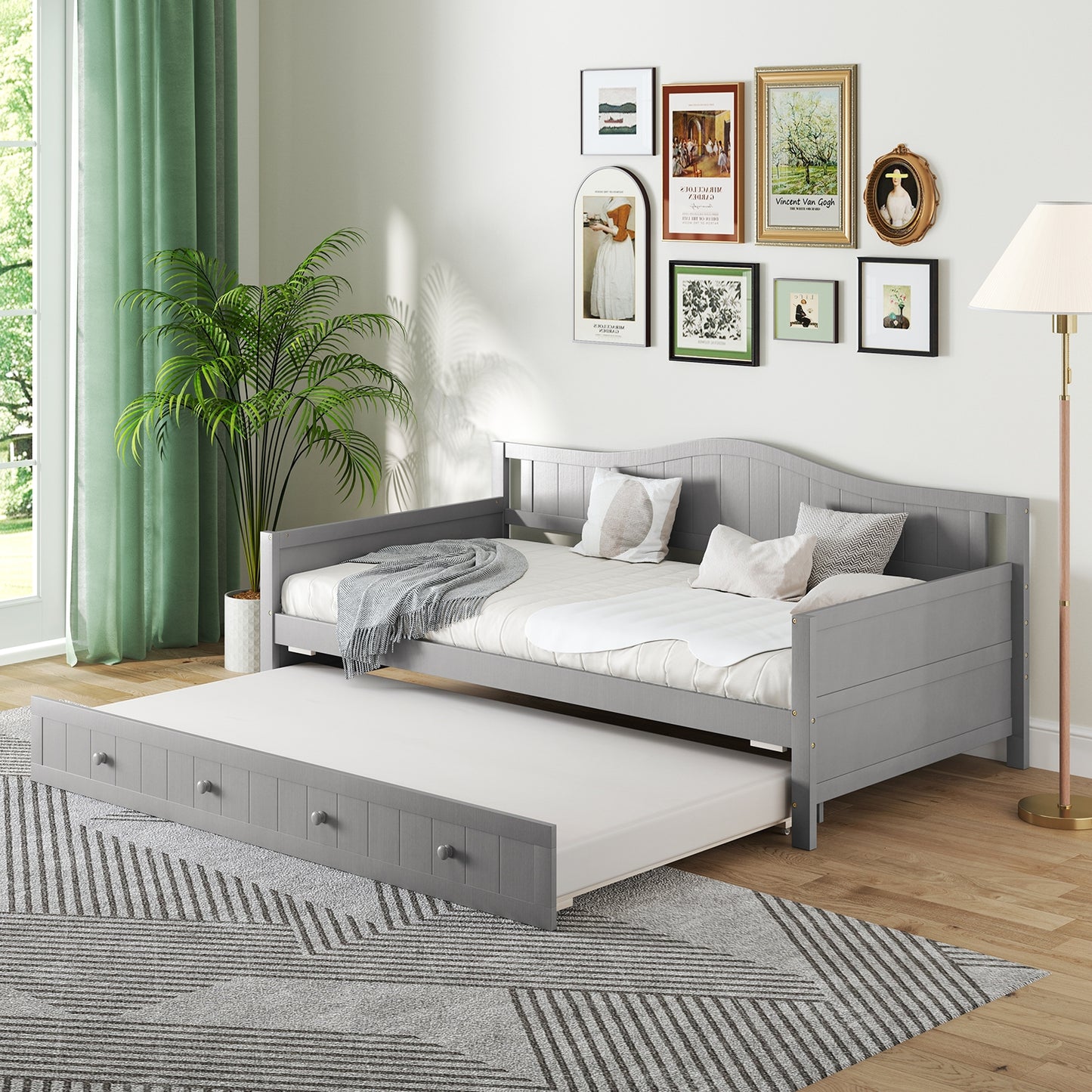 Twin Size Daybed with Trundle and Slats Support on Wheels-Gray Kids Crystal