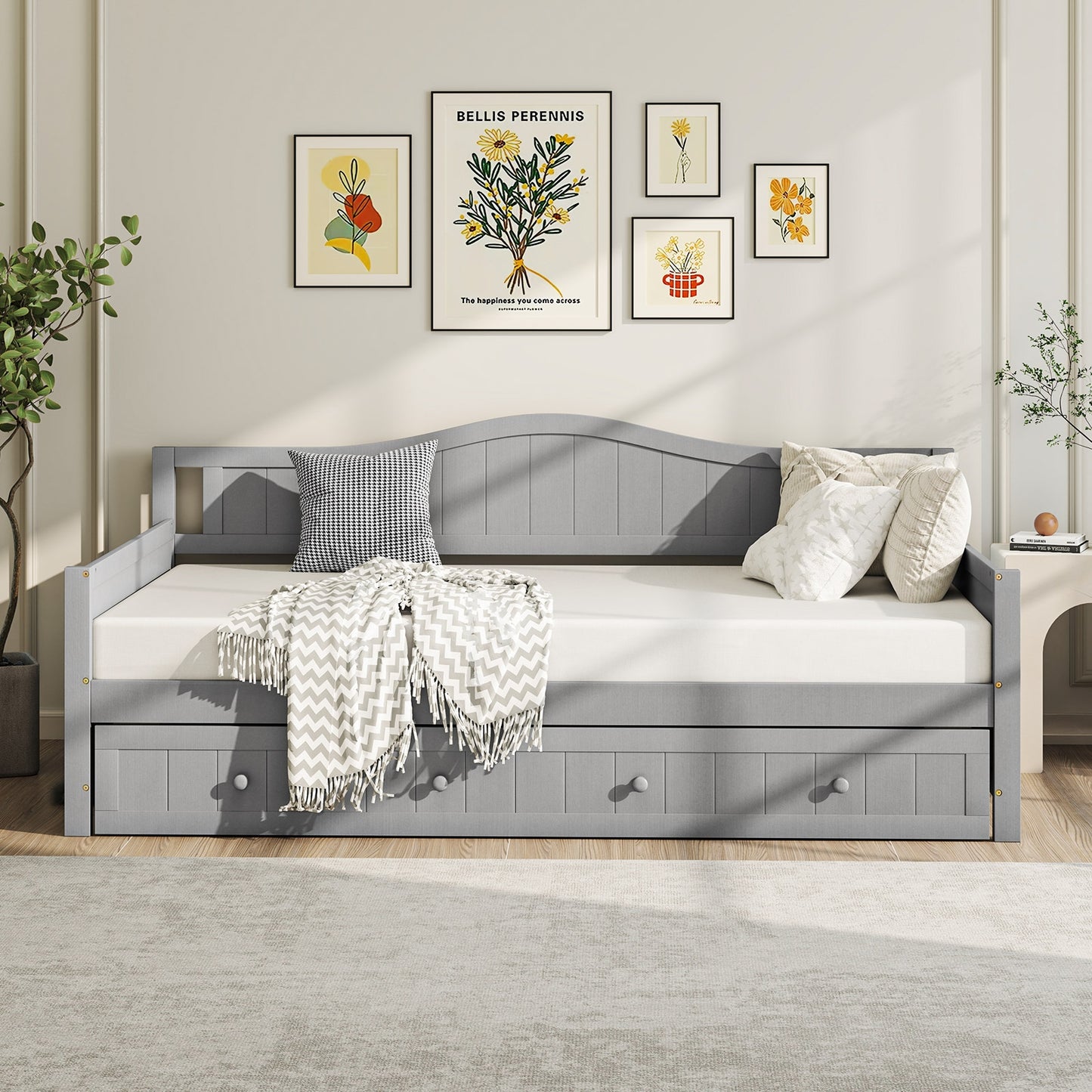 Twin Size Daybed with Trundle and Slats Support on Wheels-Gray Kids Crystal