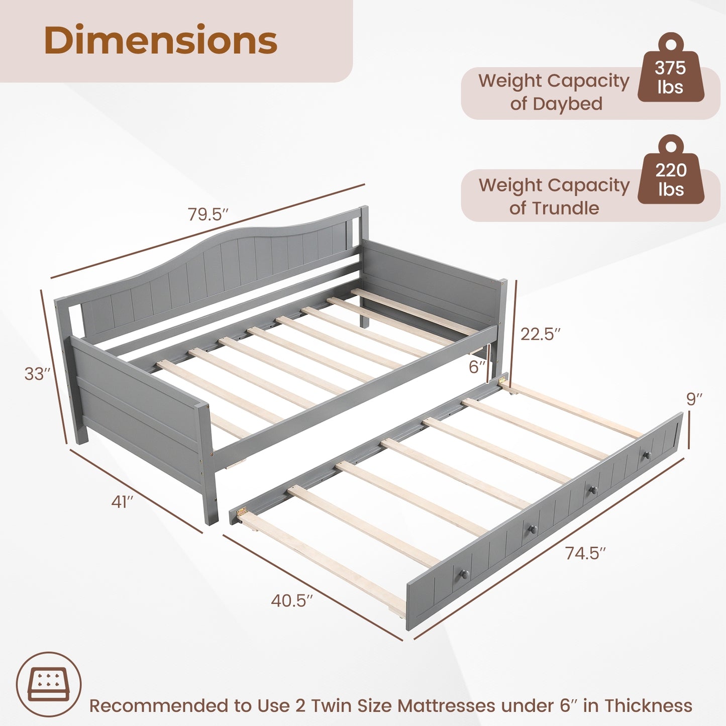 Twin Size Daybed with Trundle and Slats Support on Wheels-Gray Kids Crystal