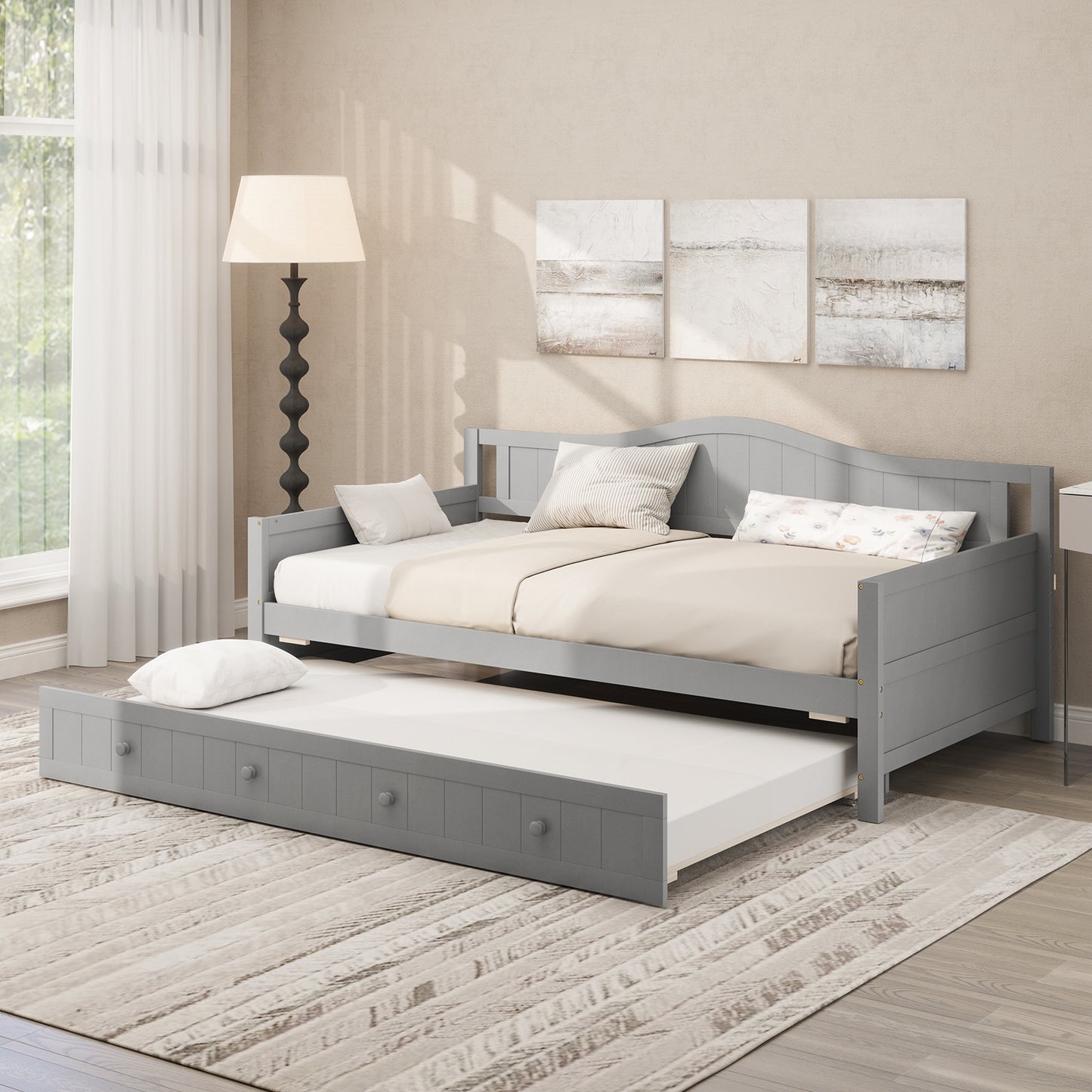 Twin Size Daybed with Trundle and Slats Support on Wheels-Gray Kids Crystal