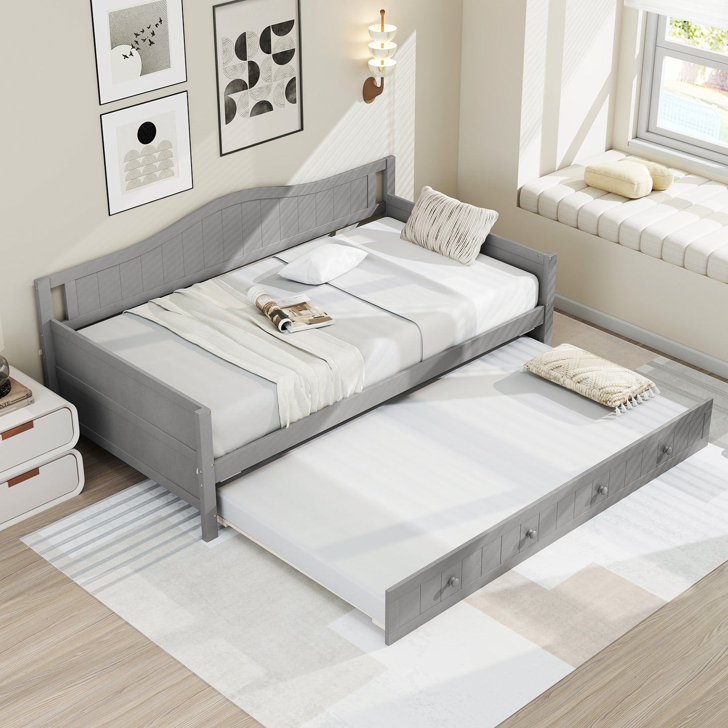 Twin Size Daybed with Trundle and Slats Support on Wheels-Gray Kids Crystal