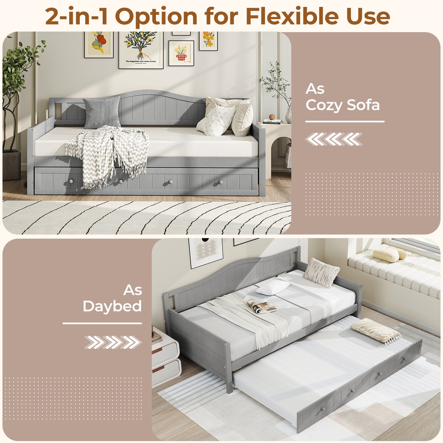 Twin Size Daybed with Trundle and Slats Support on Wheels-Gray Kids Crystal