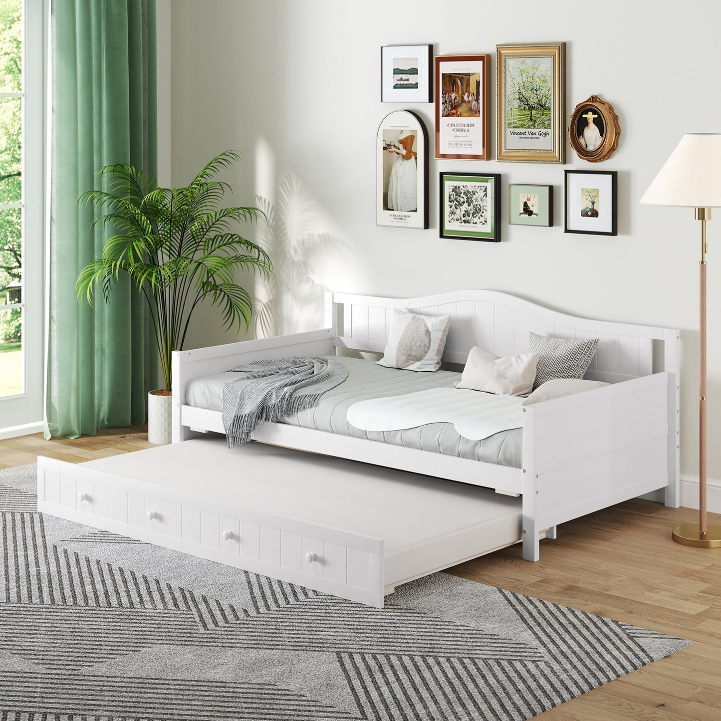 Twin Size Daybed with Trundle and Slats Support on Wheels-White Kids Crystal