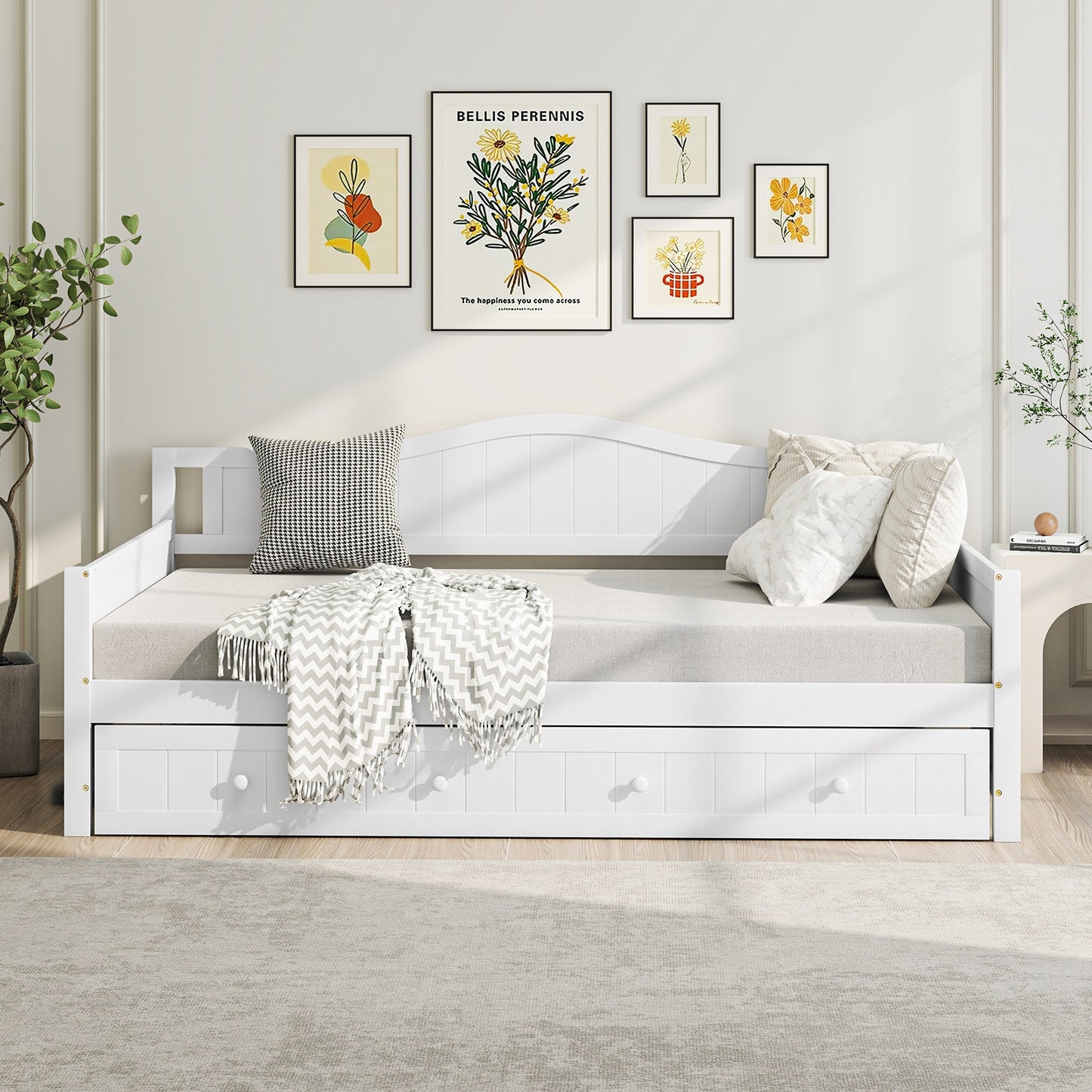 Twin Size Daybed with Trundle and Slats Support on Wheels-White Kids Crystal