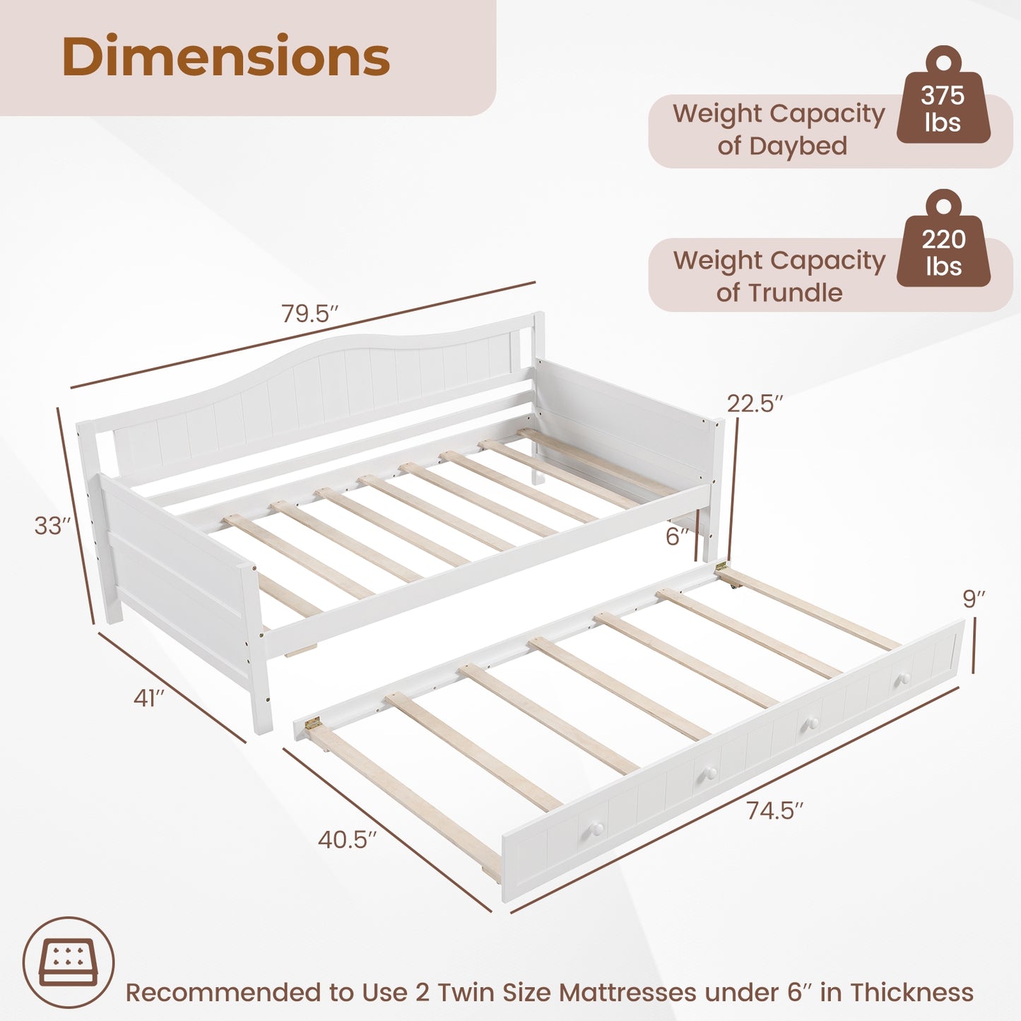 Twin Size Daybed with Trundle and Slats Support on Wheels-White Kids Crystal