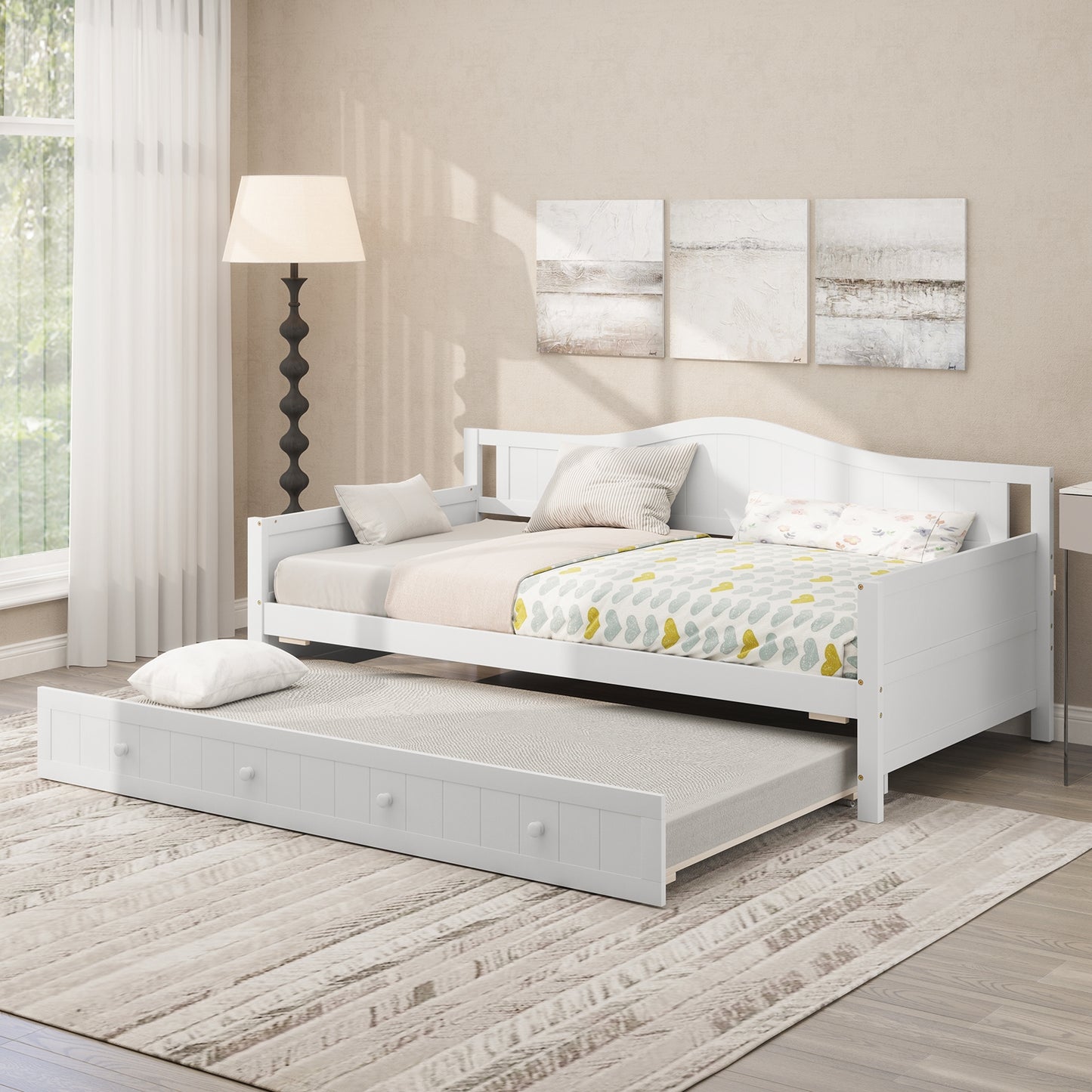 Twin Size Daybed with Trundle and Slats Support on Wheels-White Kids Crystal