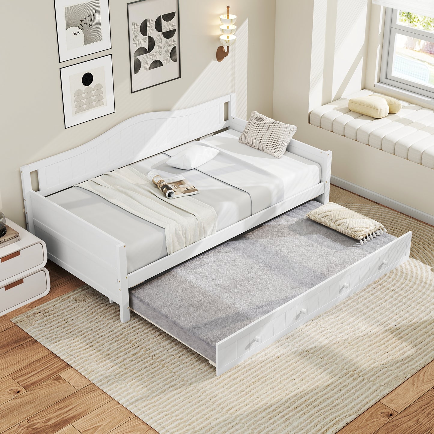 Twin Size Daybed with Trundle and Slats Support on Wheels-White Kids Crystal