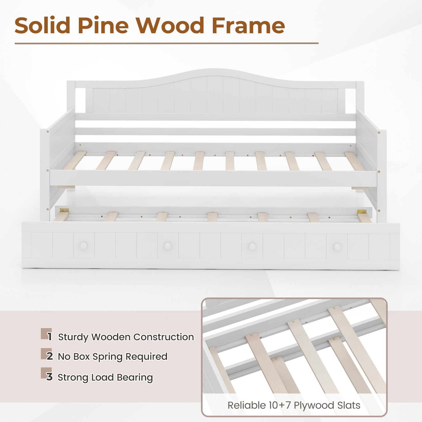 Twin Size Daybed with Trundle and Slats Support on Wheels-White Kids Crystal