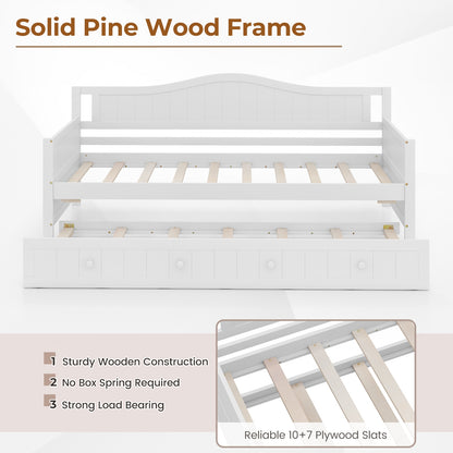 Twin Size Daybed with Trundle and Slats Support on Wheels-White