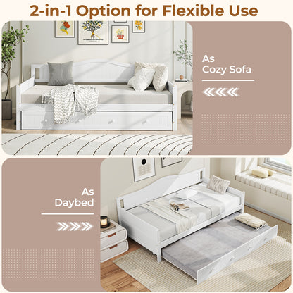 Twin Size Daybed with Trundle and Slats Support on Wheels-White