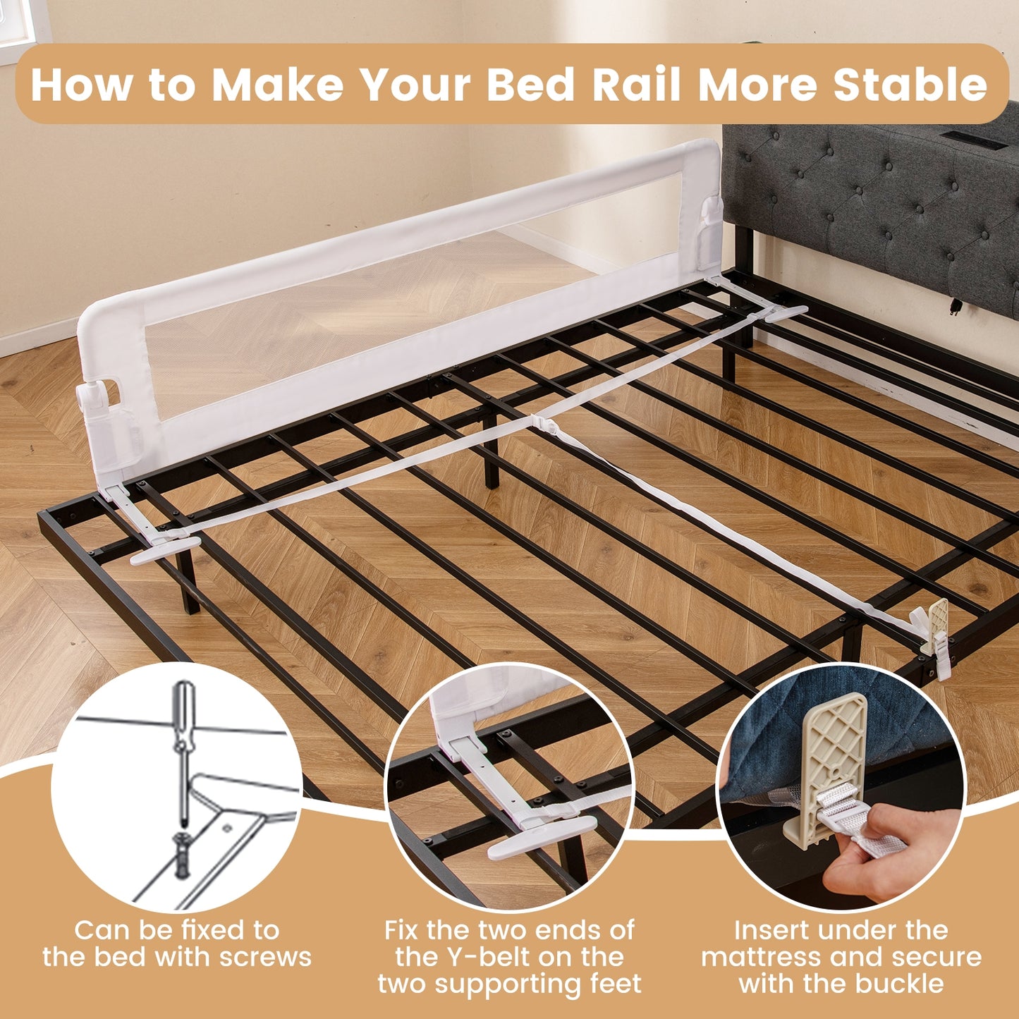 71-Inch Foldable Bed Rail Swing Down Baby Bed Guard Rail with Adjustable Safety Strap-White Kids Crystal