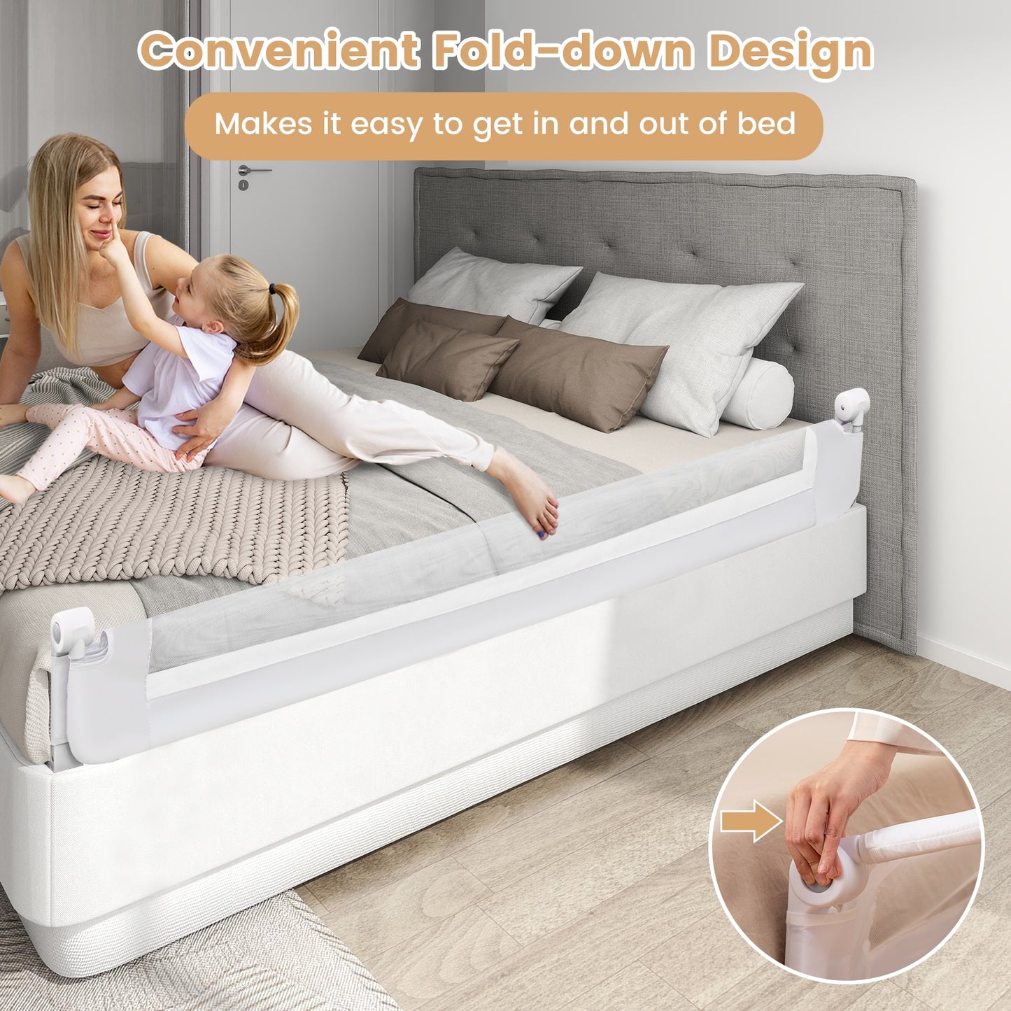 71-Inch Foldable Bed Rail Swing Down Baby Bed Guard Rail with Adjustable Safety Strap-White Kids Crystal