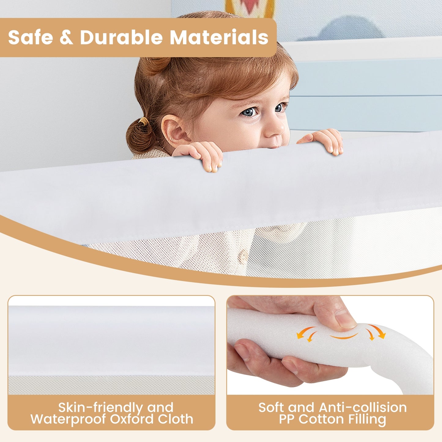 71-Inch Foldable Bed Rail Swing Down Baby Bed Guard Rail with Adjustable Safety Strap-White Kids Crystal