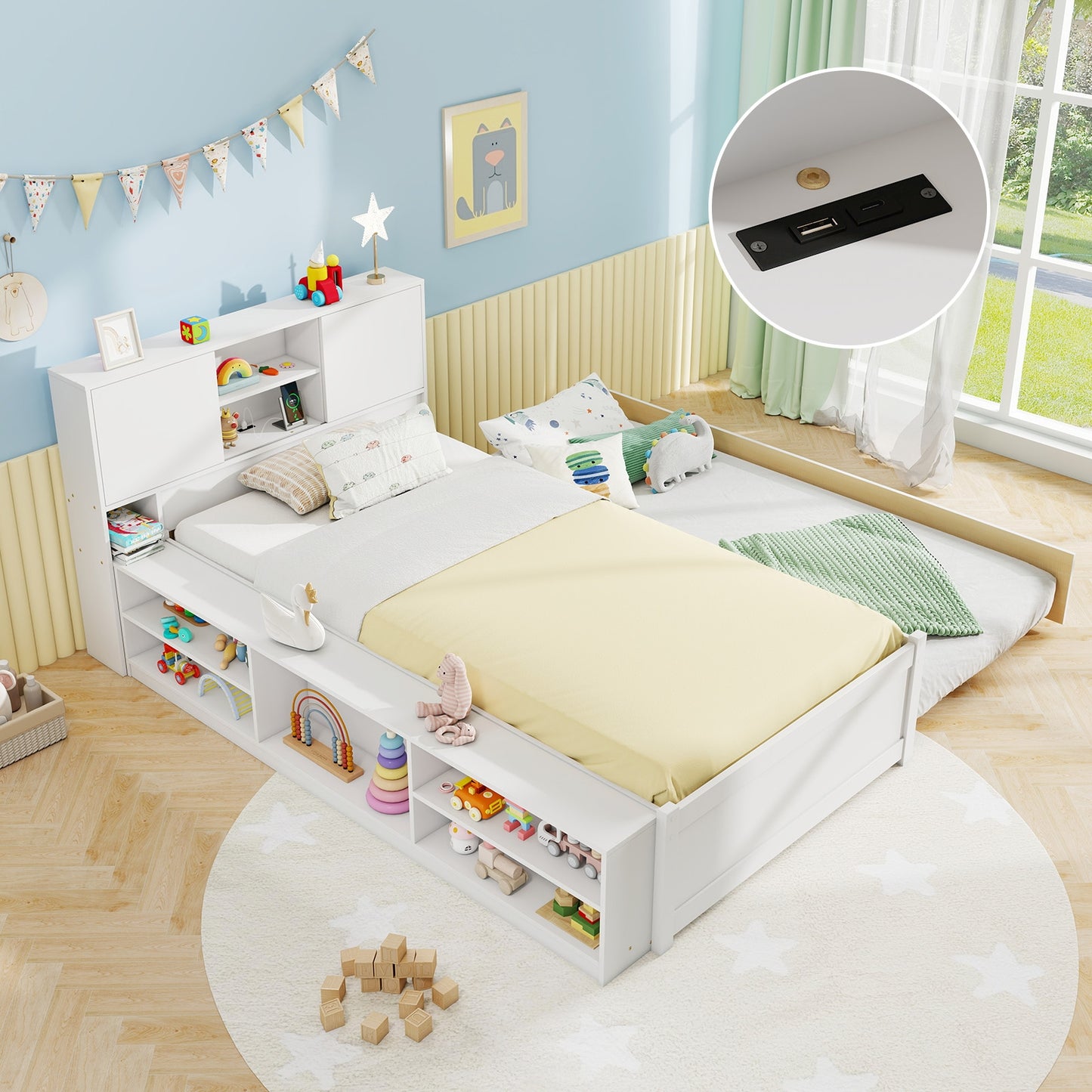 Twin Size Bed Frame with Trundle and Power Outlets-White Kids Crystal