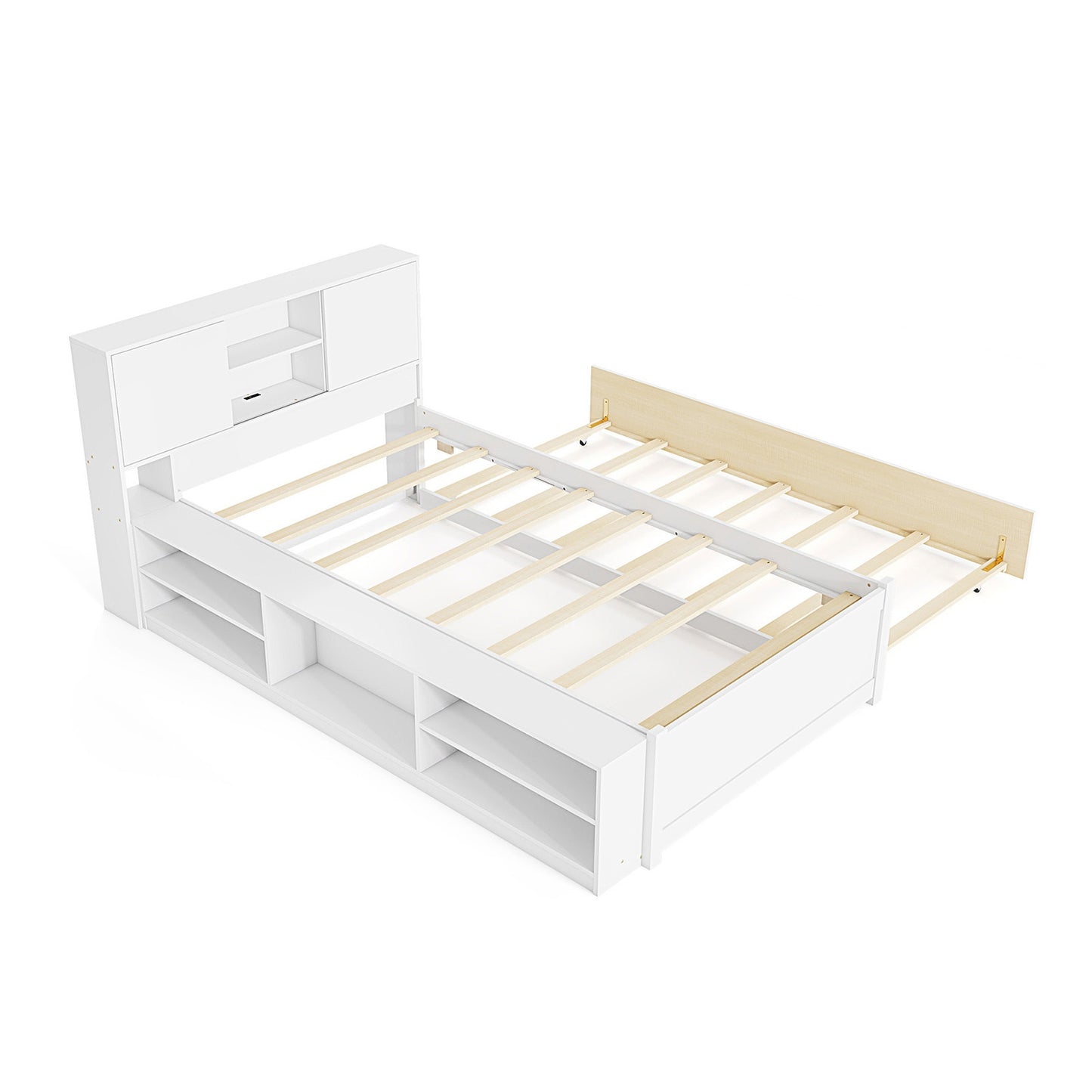 Twin Size Bed Frame with Trundle and Power Outlets-White Kids Crystal