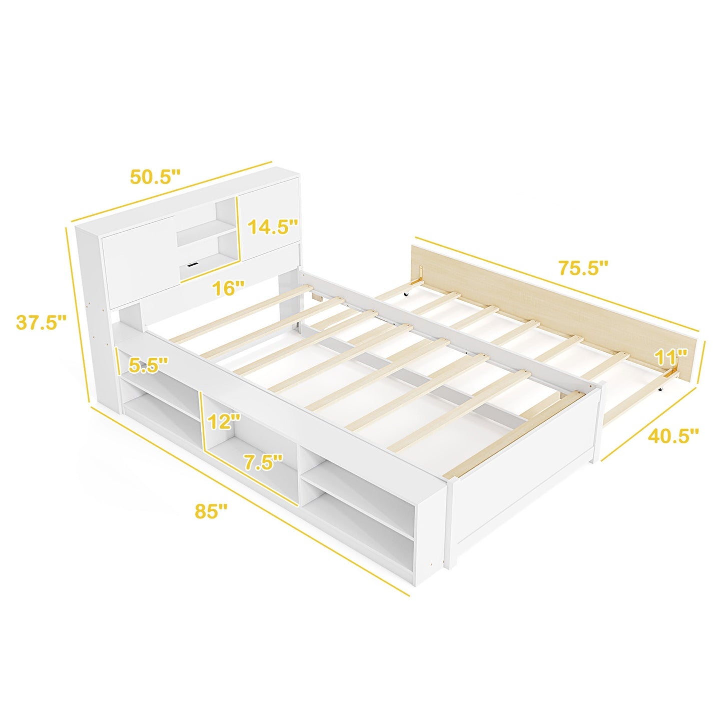 Twin Size Bed Frame with Trundle and Power Outlets-White Kids Crystal