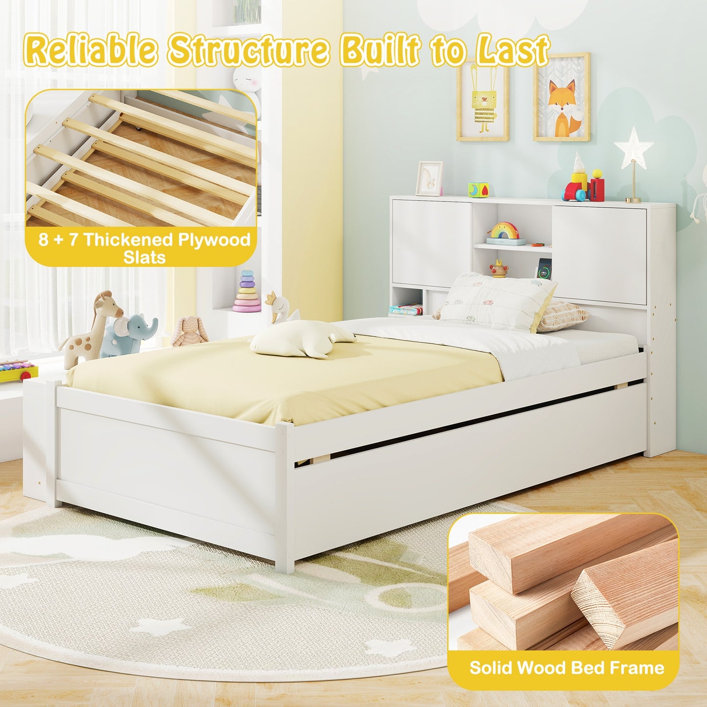 Twin Size Bed Frame with Trundle and Power Outlets-White Kids Crystal