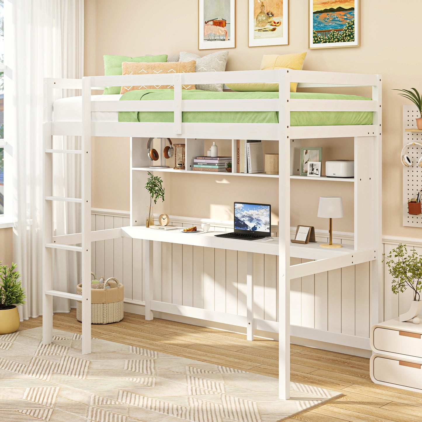 Twin Size Loft Bed with Desk and Shelves for Home Dorm Apartment No Box Spring Needed-White Kids Crystal