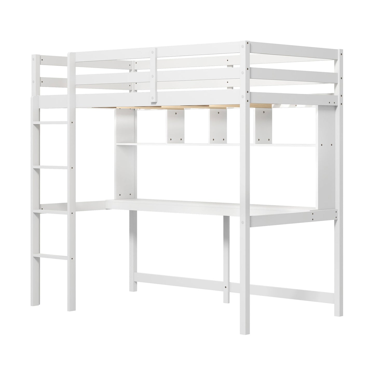 Twin Size Loft Bed with Desk and Shelves for Home Dorm Apartment No Box Spring Needed-White Kids Crystal