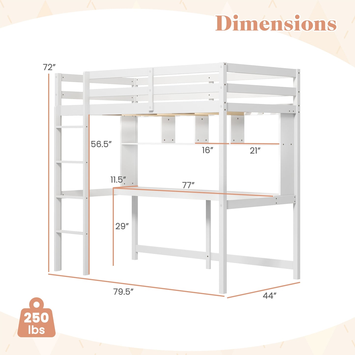 Twin Size Loft Bed with Desk and Shelves for Home Dorm Apartment No Box Spring Needed-White Kids Crystal