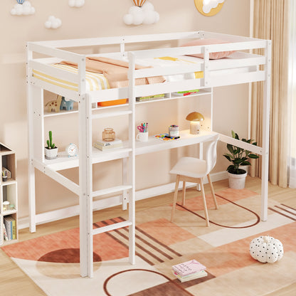 Twin Size Loft Bed with Desk and Shelves for Home Dorm Apartment No Box Spring Needed-White
