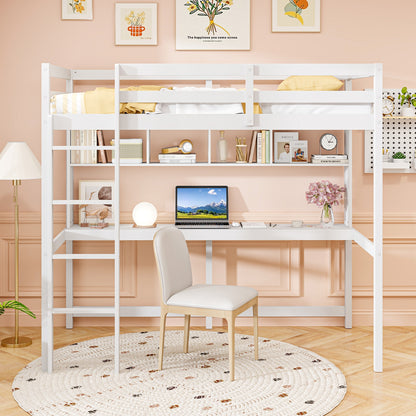 Twin Size Loft Bed with Desk and Shelves for Home Dorm Apartment No Box Spring Needed-White