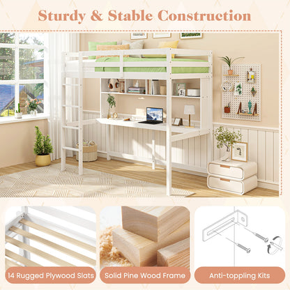 Twin Size Loft Bed with Desk and Shelves for Home Dorm Apartment No Box Spring Needed-White