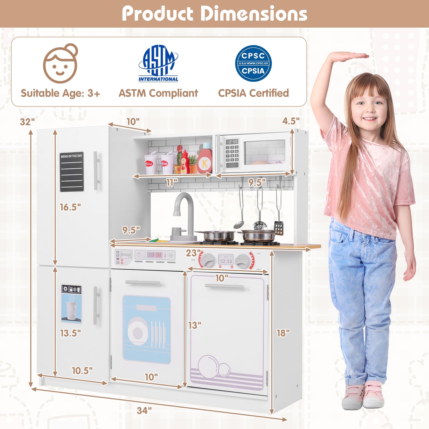 Toddler Pretend Play Kitchen Toy with Stove for 3+ Boys and Girls-White Kids Crystal