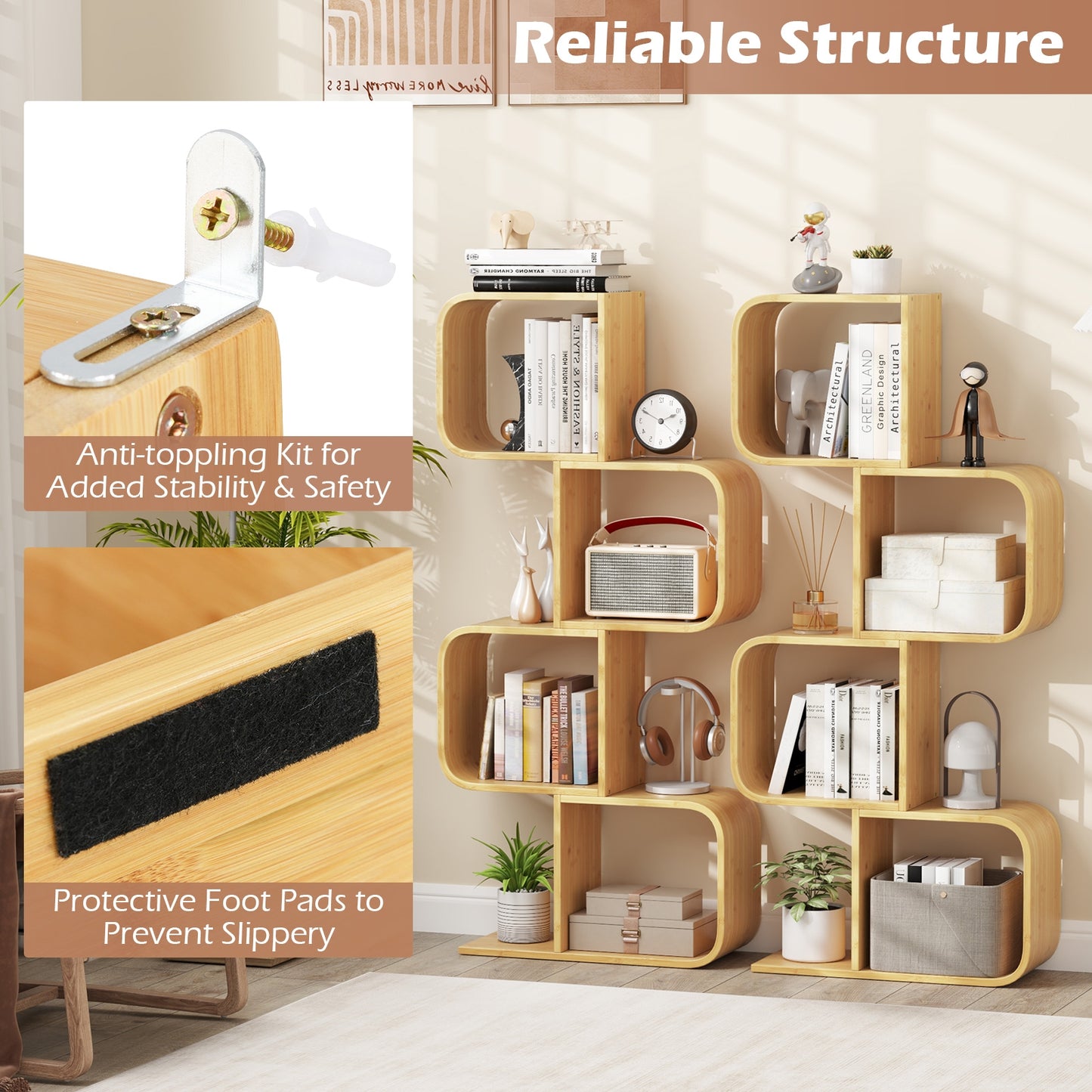 4-Tier S-Shaped Bamboo Bookcase with 4 Open Cubes for Living Room-Natural