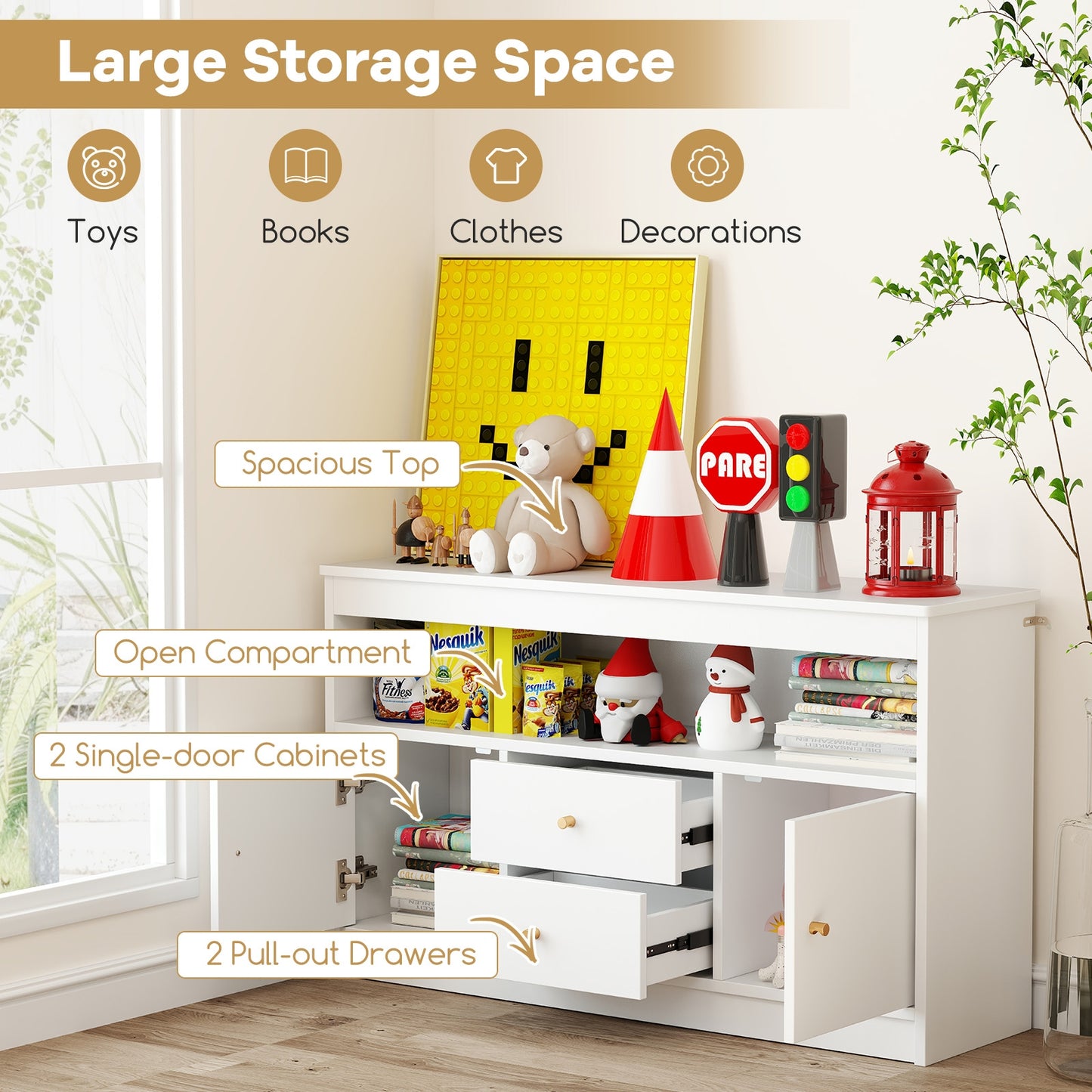 Kids Toy Storage Organizer with Open Shelf and 2 Drawers for Playroom-White