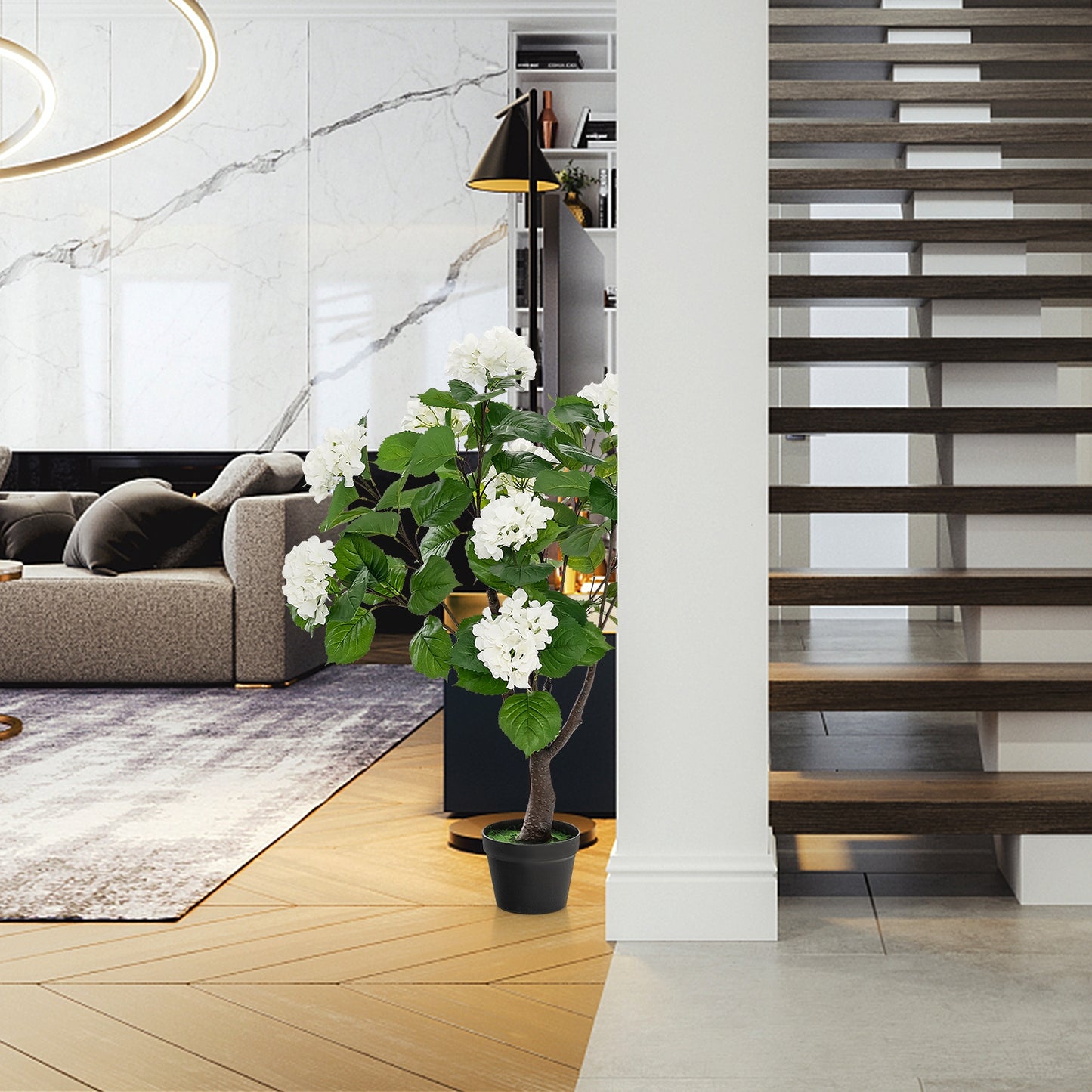 Artificial Hydrangea Tree Fake Floral Plant with 11 White Flowers-White Kids Crystal