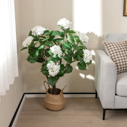 Artificial Hydrangea Tree Fake Floral Plant with 11 White Flowers-White