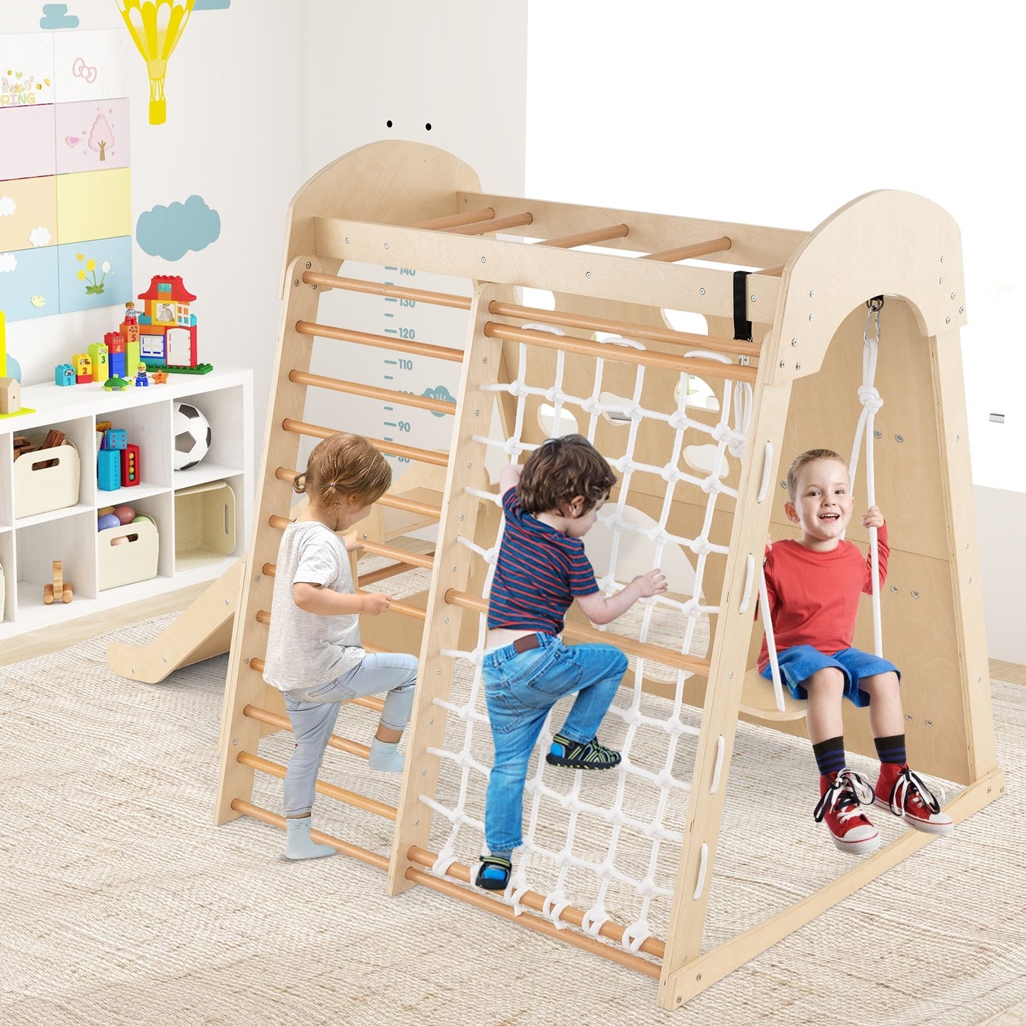 8-in-1 Indoor Jungle Gym Wooden Playground with Swing and Climbing Wall-Natural Kids Crystal