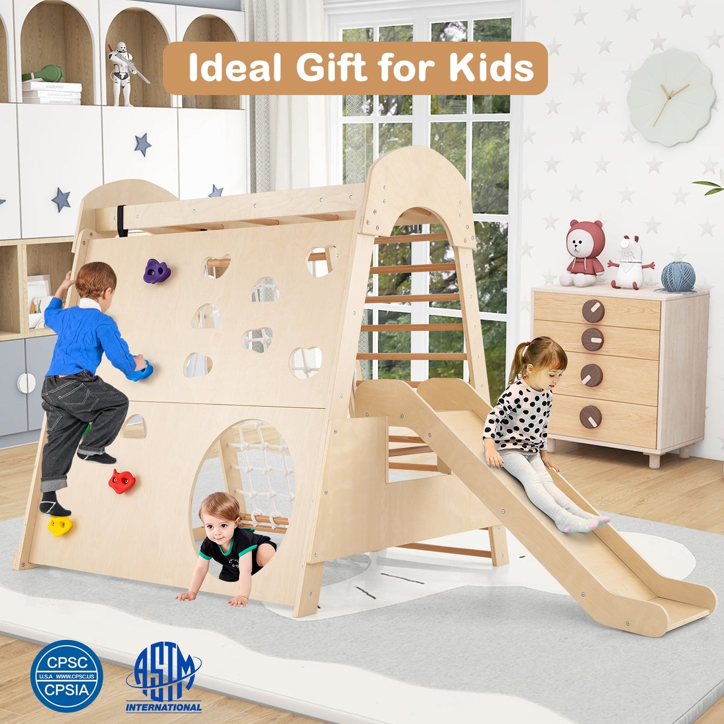 8-in-1 Indoor Jungle Gym Wooden Playground with Swing and Climbing Wall-Natural Kids Crystal