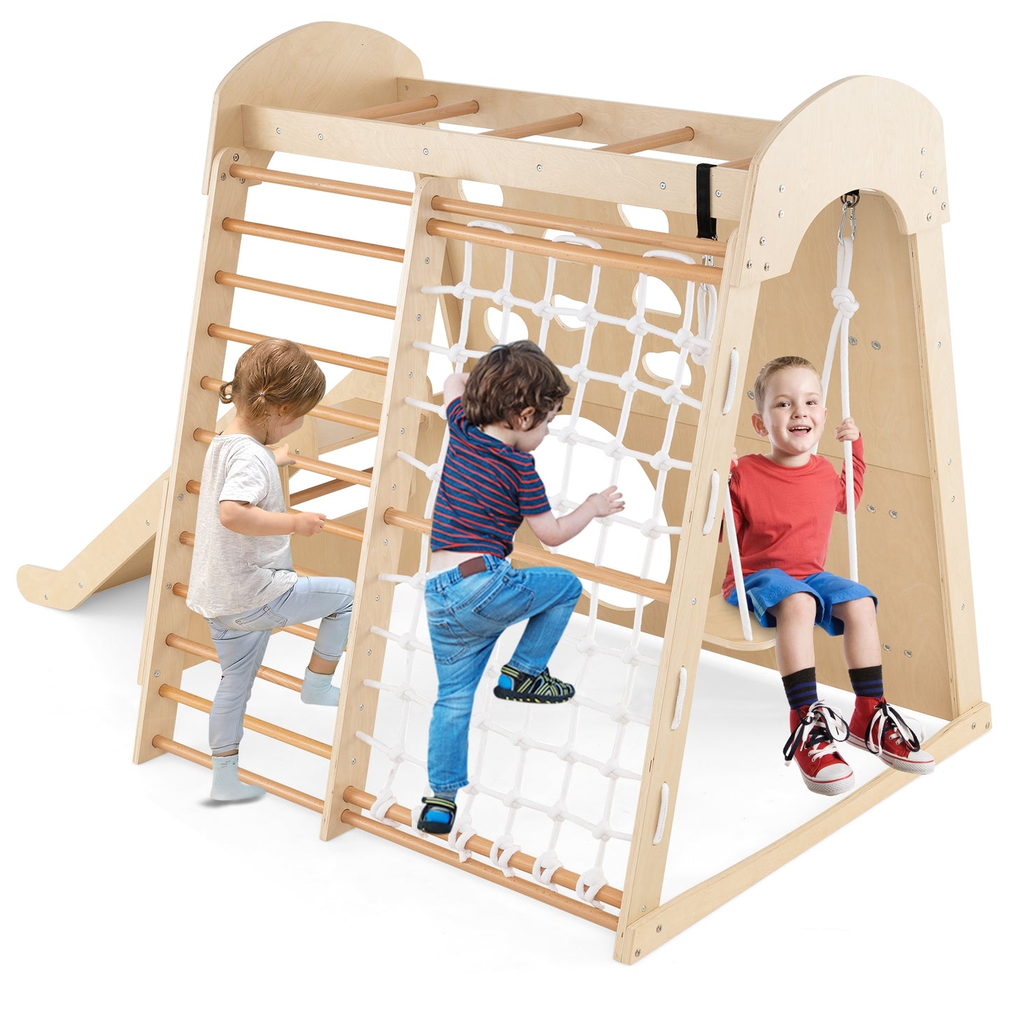 8-in-1 Indoor Jungle Gym Wooden Playground with Swing and Climbing Wall-Natural Kids Crystal