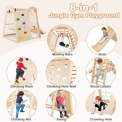 8-in-1 Indoor Jungle Gym Wooden Playground with Swing and Climbing Wall-Natural