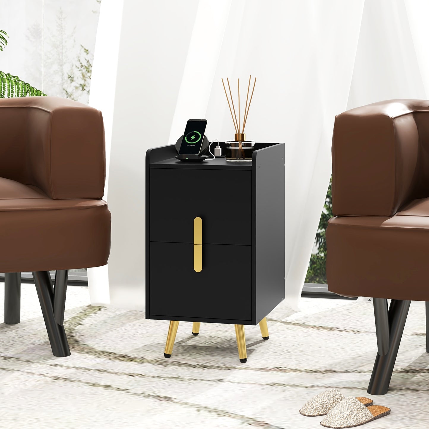 Nightstand Side Tables with 2 Drawers and 2 USB Ports-Black Kids Crystal