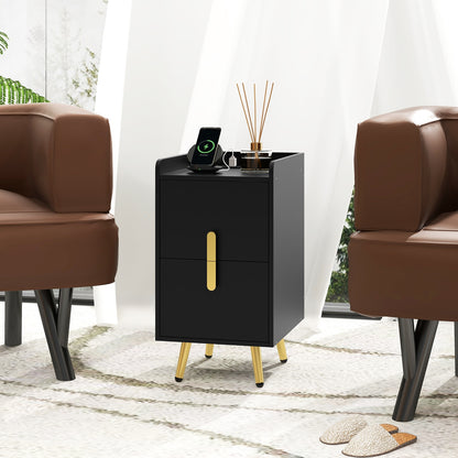 Nightstand Side Tables with 2 Drawers and 2 USB Ports-Black