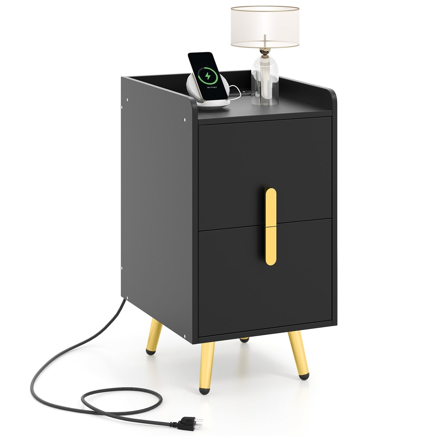 Nightstand Side Tables with 2 Drawers and 2 USB Ports-Black Kids Crystal