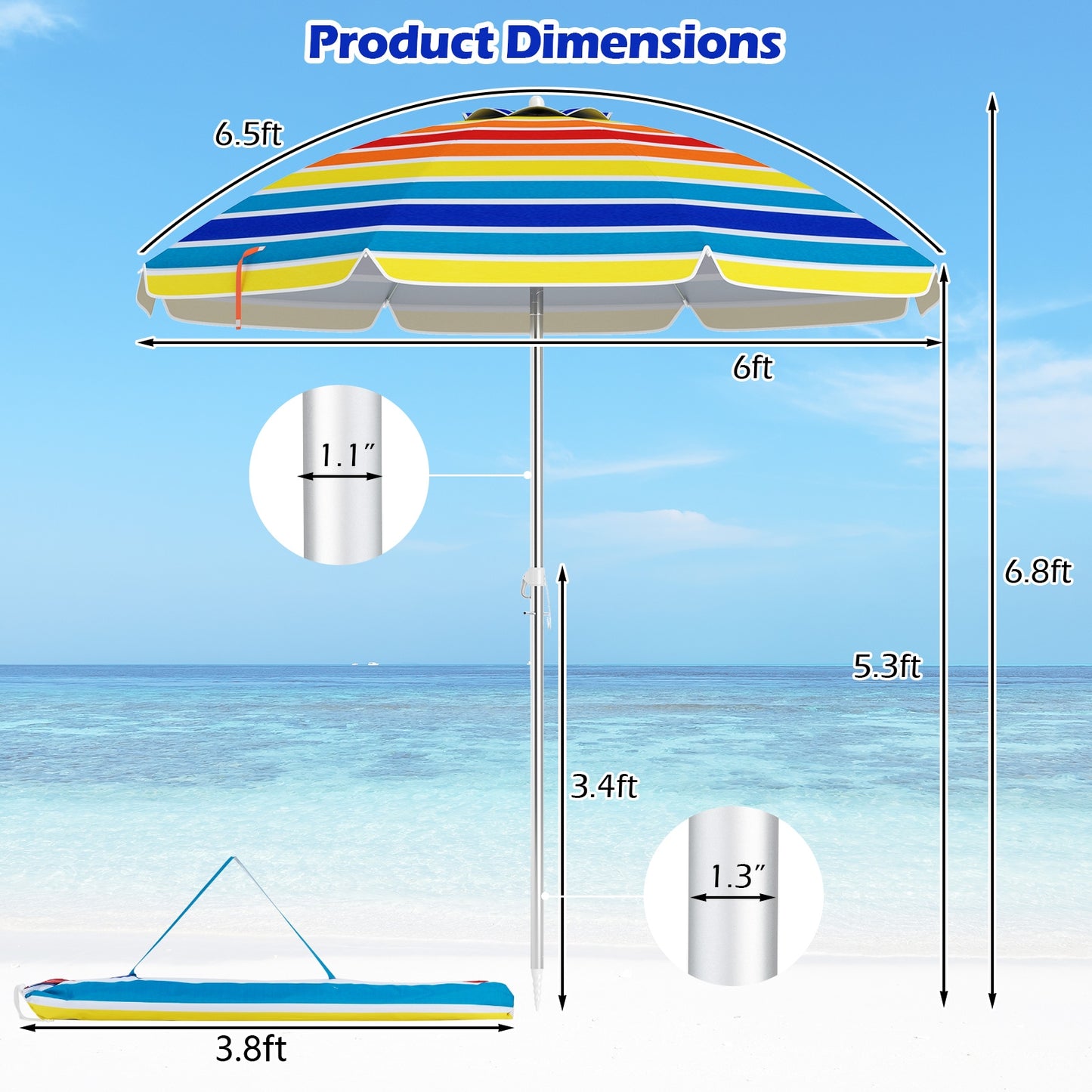6.5 Feet Beach Umbrella with Carry Bag without Weight Base-Multicolor Kids Crystal
