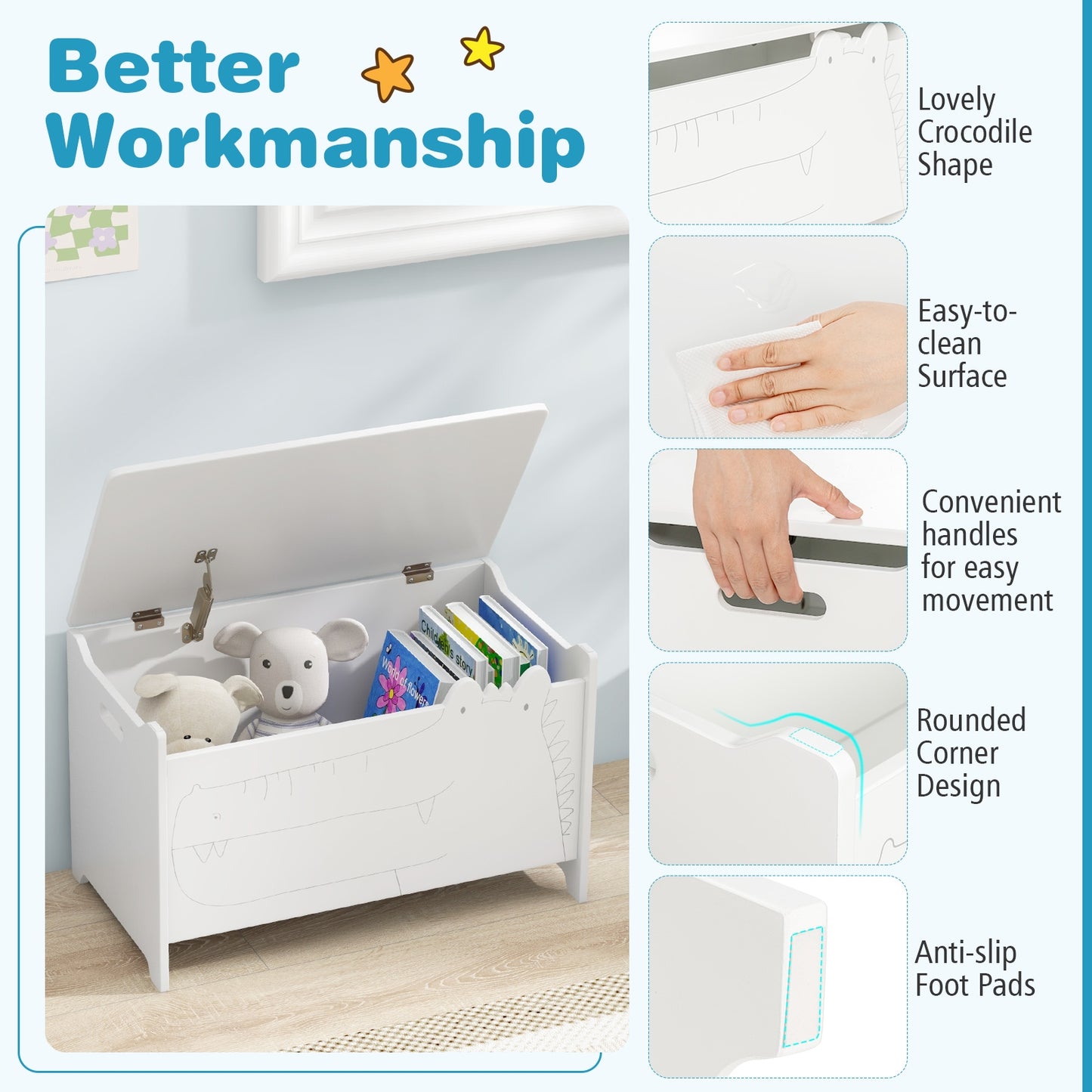 Wooden Kids Toy Box with Safety Hinge-White Kids Crystal