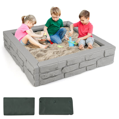2-In-1 HDPE Kids Sandbox with Cover and Bottom Liner-Gray