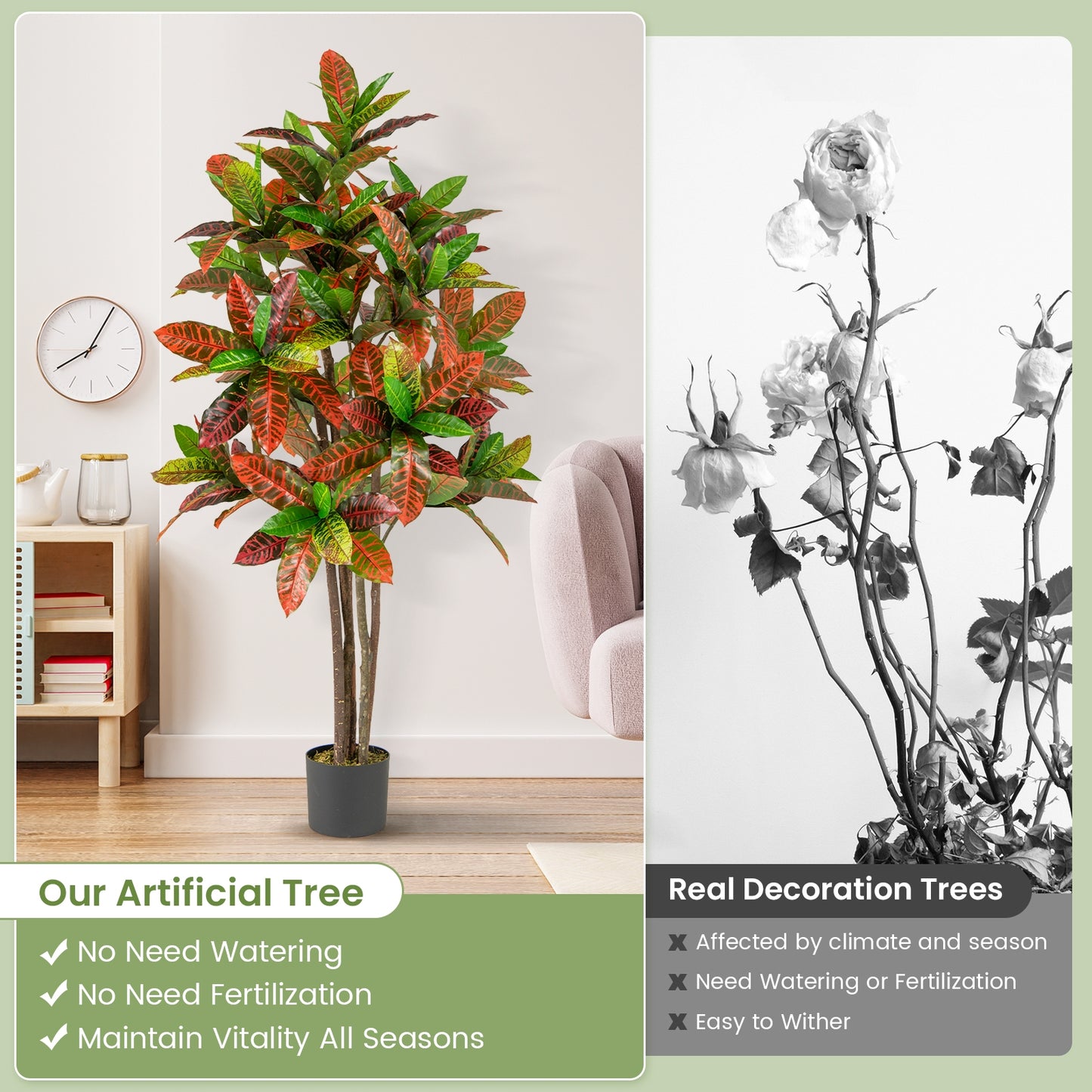 5 FT Tall Artificial Croton Plant with Gradient Leaves and Nursery Pot-2 Peice Kids Crystal