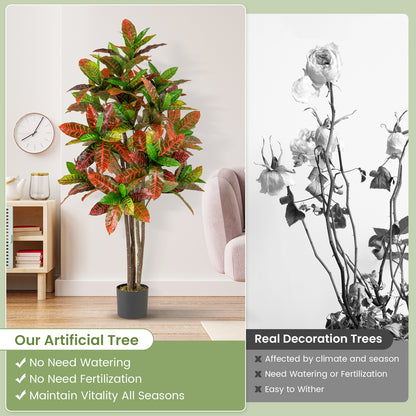 5 FT Tall Artificial Croton Plant with Gradient Leaves and Nursery Pot-2 Peice