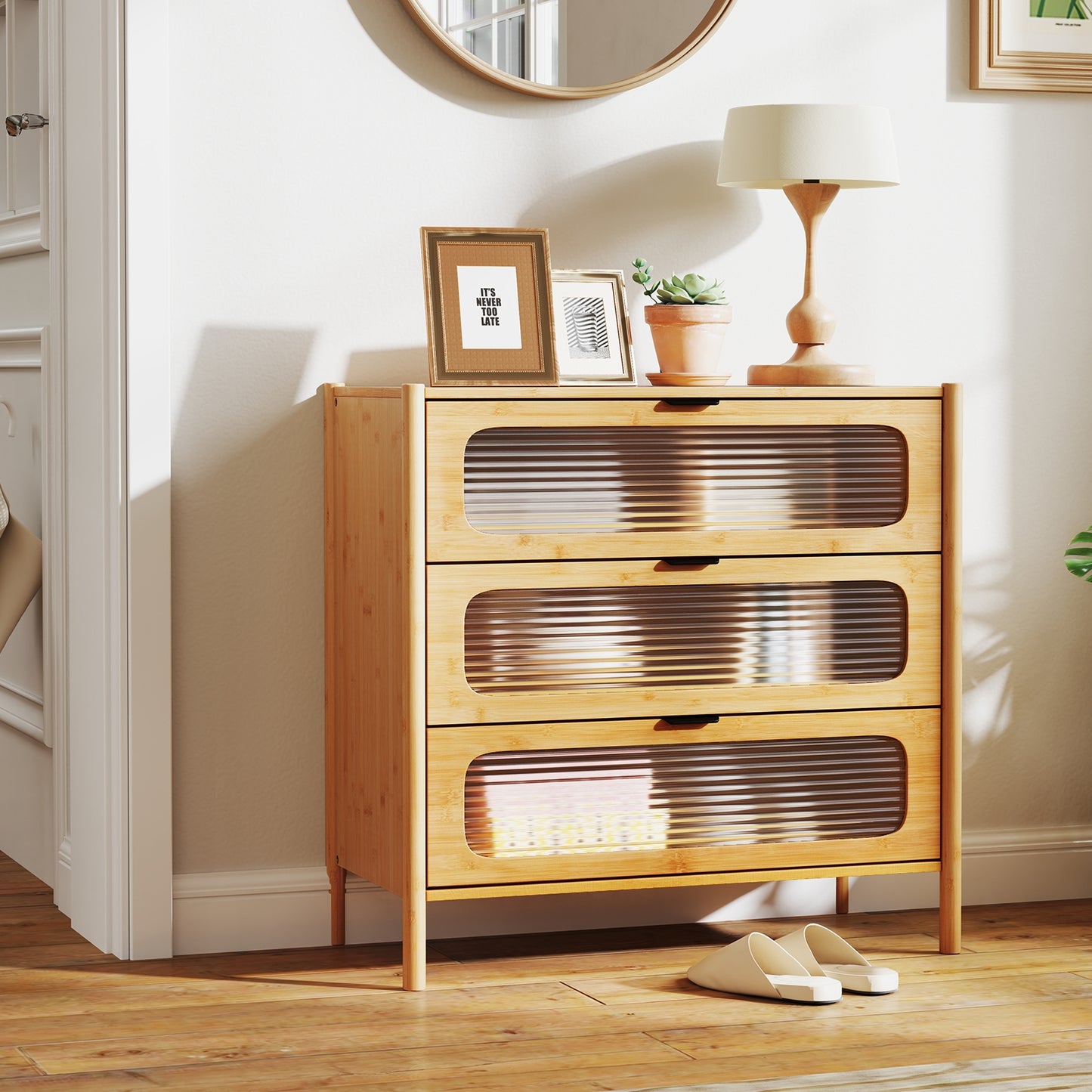 3 Drawer Mid Century Modern Chest of Drawers with Reeded Tempered Glass Front-Natural Kids Crystal