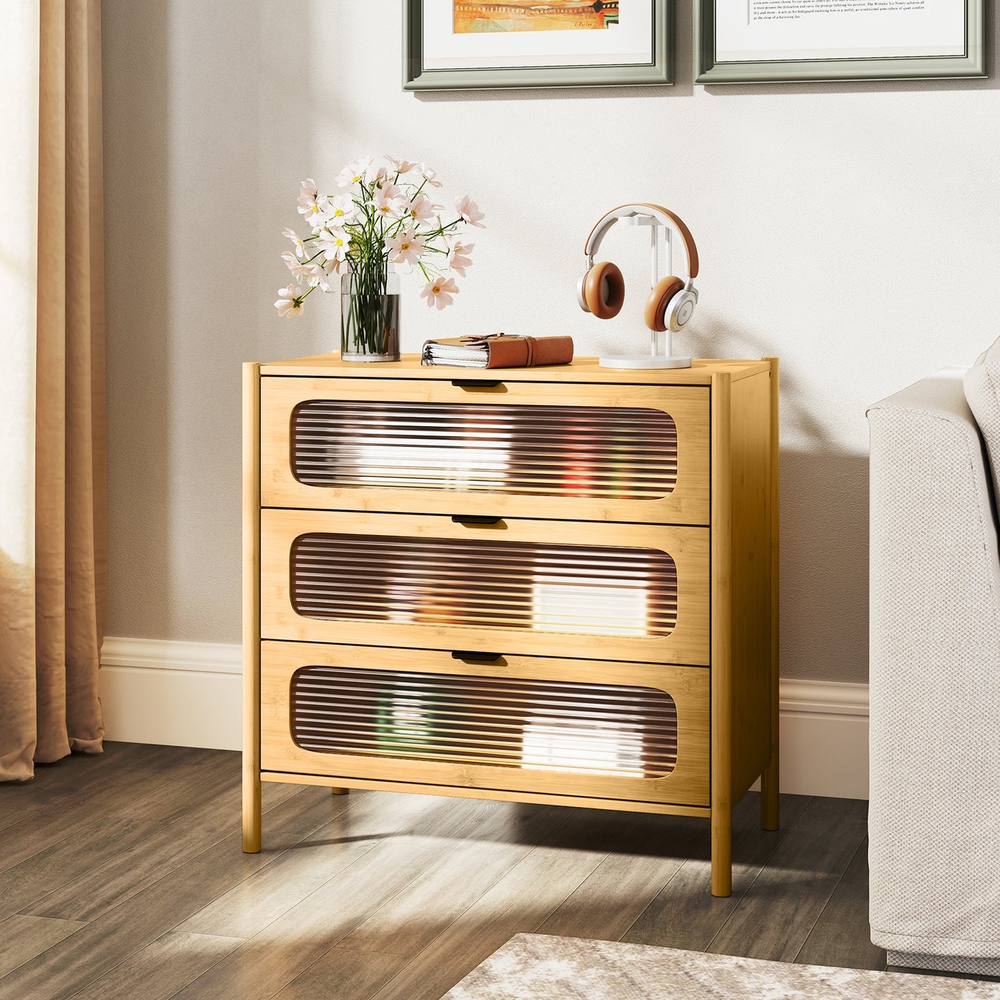 3 Drawer Mid Century Modern Chest of Drawers with Reeded Tempered Glass Front-Natural Kids Crystal